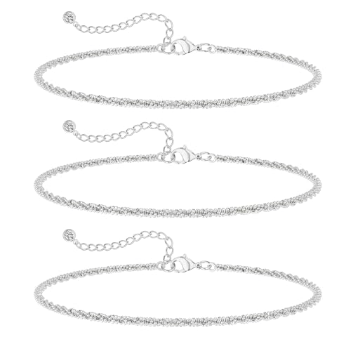 MFRYK Gold Ankle Bracelets for women,14k Gold/Silver Plated Waterproof Layered lightweight Cuban Link Figaro Chain Heart anklet butterfly anklet Pearl Ankle Bracelets Set Gold Anklets for women Trendy Jewelry Gift for Women - style: 3 anklets layered twis