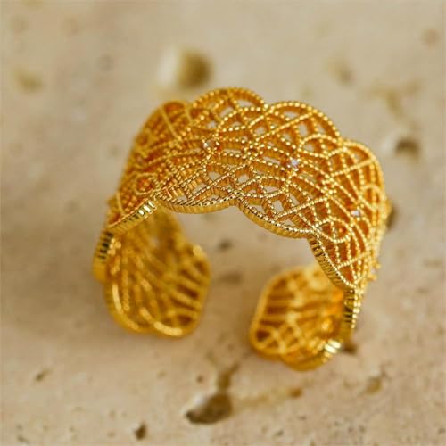 Valentines Rings for Women, Non Tarnish Chunky Wedding Ring Set, Adjustable Bohemian Statement Ring - style: Gold Wide Edge Wave Style