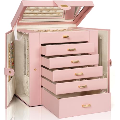 AKOZLIN 6-Tier Jewelry Box Organizer Functional 5 Drawers Leather Jewelry Storage Case for Women Girls Ring Necklace Earring Bracelet Holder Organizer with Mirror Extra Large Champagne Pink - color: Light Pink, size: Extra Large