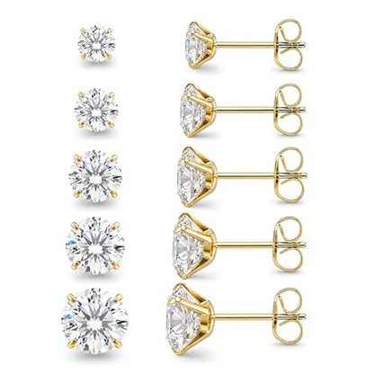 Stainless Steel Stud and Hoop Earrings Sets for Ear Stacks | Choose gold or silver pearl studs, CZ studs, flat backs, butterfly backs, hoops and multi-pair ear stack sets. - color: 5 Pairs 20G Gold