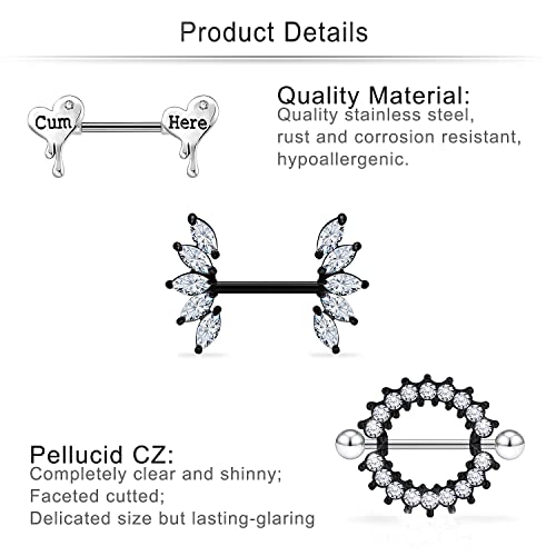 Cisyozi Butterfly Nipple Rings 14G Nipple Piercing Jewelry Stainless Steel Nipple Tongue Ring Barbell Piercing Jewelry for Women 14mm Silver Black Purple Rose Gold 7Pairs - color: 14G(1.6mm) Black Set