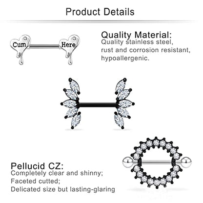 Cisyozi Butterfly Nipple Rings 14G Nipple Piercing Jewelry Stainless Steel Nipple Tongue Ring Barbell Piercing Jewelry for Women 14mm Silver Black Purple Rose Gold 7Pairs - color: 14G(1.6mm) Black Set