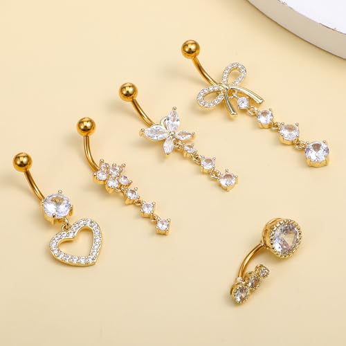 5Pcs Gold Belly Button Rings, Dangle Belly Rings, Belly Piercing Jewelry, 14G Stainless Steel Navel Piercing with Cute Heart Flower Butterfly Dangle Belly Ring
