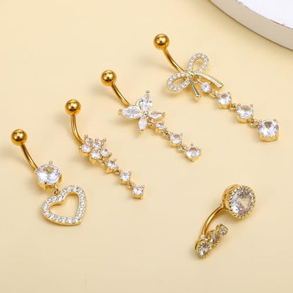 5Pcs Gold Belly Button Rings, Dangle Belly Rings, Belly Piercing Jewelry, 14G Stainless Steel Navel Piercing with Cute Heart Flower Butterfly Dangle Belly Ring