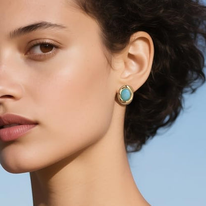 Jean Beau Chunky Gold Stone Stud Earrings for Women, Trendy Natural Gemstone Hypoallergenic Earing Valentine Jewelry Gift - color: Amazonite Blue