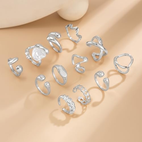 CSIYANJRY99 Gold Silver Rings Set for Women Trendy Irregular Chunky Gold Ring Baroque Pearl Rings Stackable Statement Knuckle Ring Jewelry - color: D-Silver