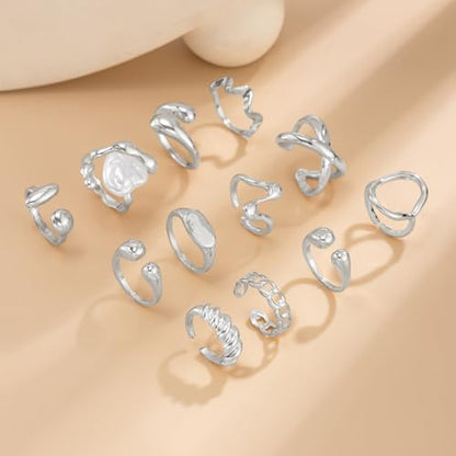 CSIYANJRY99 Gold Silver Rings Set for Women Trendy Irregular Chunky Gold Ring Baroque Pearl Rings Stackable Statement Knuckle Ring Jewelry - color: D-Silver