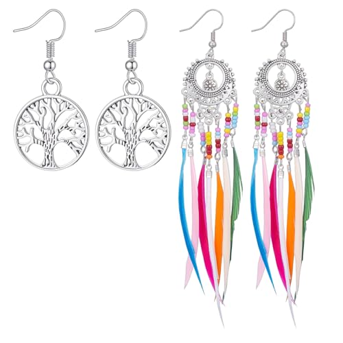 Molain 2Pairs Boho Beaded Feather Earrings for Women, Ethnic Retro Western Tree of Life Beaded Tassel Dangling Earrings Country Jewelry for Birthday Party Gifts