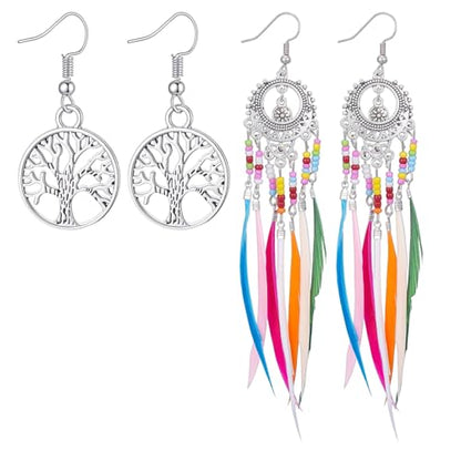 Molain 2Pairs Boho Beaded Feather Earrings for Women, Ethnic Retro Western Tree of Life Beaded Tassel Dangling Earrings Country Jewelry for Birthday Party Gifts