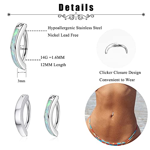 2Pcs 14G Clicker Belly Button Ring for Women Surgical Steel CZ Opal Belly Ring Simple Reverse Navel Rings Body Jewelry - color: Silver Opal, size: 10MM