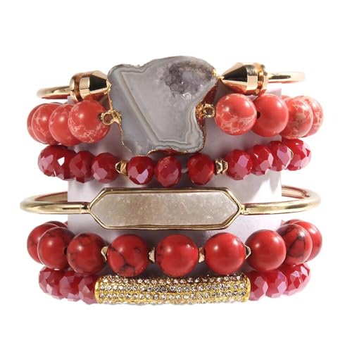 Yomisa 5PCS 6PCS Natural Boho Beaded Bracelets/Bangle for Women Men,Healing Turquoise Jasper Agate Crystal Gemstone Stone Chakra Multilayer Wrap Bohemian Handmade Jewelry Beads Stretch Bracelet Set - color: 6PCS-Red