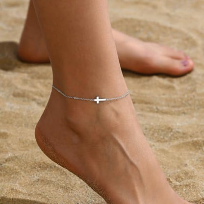 Ankle Bracelets for Women, 18K Gold Plated Dainty Waterproof Cross Anklets, Pearl Beaded Link Chain Anklet for Women Non Tarnish, Summer Beach Foot Jewelry, Christmas Gifts - color: Tiny Cross-White Gold