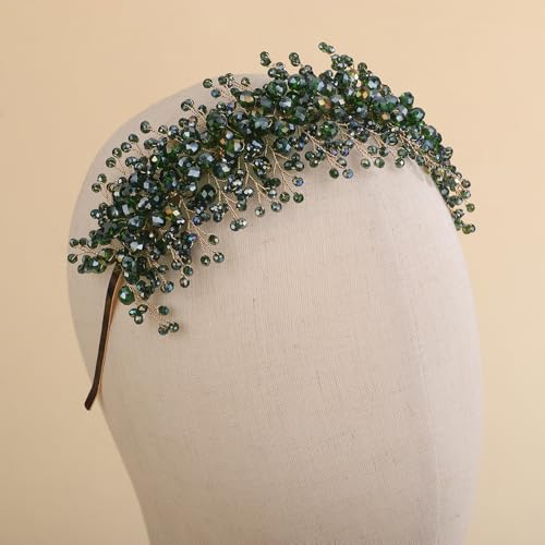 Rhinestones Beads Hair Crown for Wedding Brides Women Tiara Jewelry Handmade Sparkle Hair Piece - color: Green