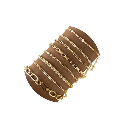 IFKM Gold Bracelets for Women, 14K Gold Plated Dainty Link Chain Bracelet set, Trendy Stackable Layered Bracelets jewelry Gifts - style: 8pcs Chain twist box