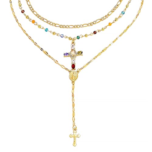 Layered Necklace for Women, Cross Pendant Y Necklace Set, 18K Gold Plated Dainty Stackable Jewelry Gift for Everyday Wear - style: 3PCS - C