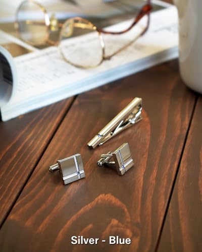 [TAVARAT] Cufflinks for Men Black Silver Red Blue Crystal glass Tps-040 - style: silver blue