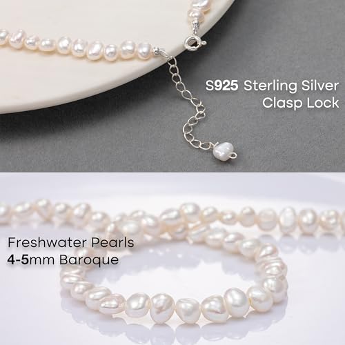 Natural Pearls Necklace, Freshwater Baroque Pearls Necklace for Women's Pearl Strand Choker Necklace 18K Gold Plated & S925 Sterling Silver Clasp White Necklace Chain - color: White, 4-5mm, Silver Clasp