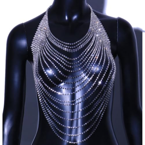 Full Rhinestone Body Chain Crystal Crossover Bra Body Chain Necklace Boho Multilay Costume Chest Chain Beach Sexy Bikini Nightclub Body Chain Party Rave Accessories for Women - color: Silver