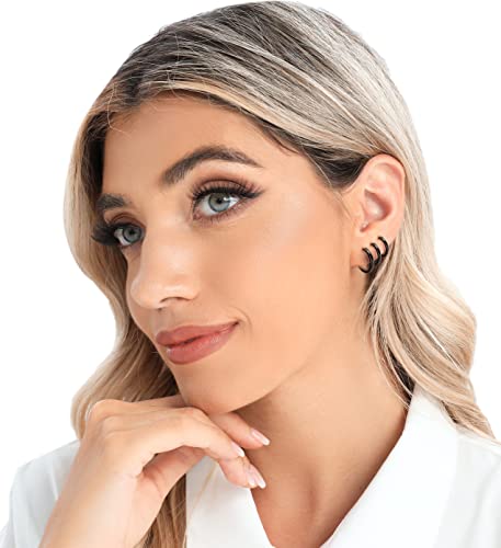 3 Pairs 925 Sterling Silver Hoop Earrings 14K White Gold Plated Small Silver Hoops Cartilage Huggie Earrings for Women Men - color: D-Black 8/10/12mm