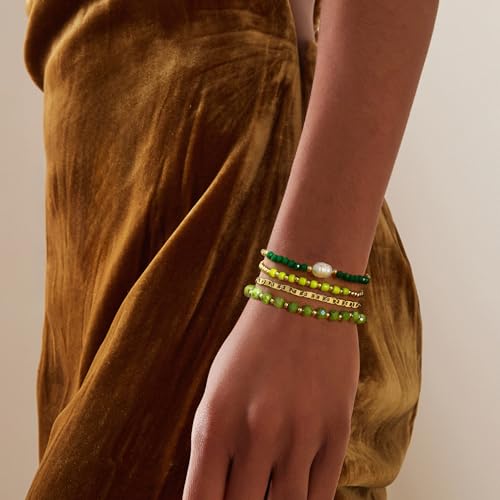 Badu Gold Beaded Bracelets for Women Boho Crystal Multiple Layered Stackable Wrap Bangle Set Paperclip Chain Trendy Jewelry - color: Gold-green