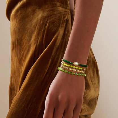 Badu Gold Beaded Bracelets for Women Boho Crystal Multiple Layered Stackable Wrap Bangle Set Paperclip Chain Trendy Jewelry - color: Gold-green