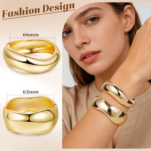 Chunky Gold Bangles Bracelets for Women, 14k Gold Plated Hinged Big Stackable Bangles Set, Trendy Wide Statement Cuff Bracelets Stack Fashion Jewelry Gifts - color: Gold-4pcs-Styles-2