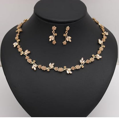 Brides Bridesmaid Flower Leaf Choker Necklace Dangle Earrings Link Bracelet Austrian Crystal Wedding Jewelry Set for Prom Costume Party Accessories for Woman - color: Champagne-Gold Plated