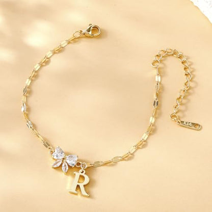 Gold Initial Bracelet for Women Teen Girls 14k Gold Plated Dainty Butterfly Charm Letter Bracelet for Birthday Jewelry Gifts - color: Gold-R