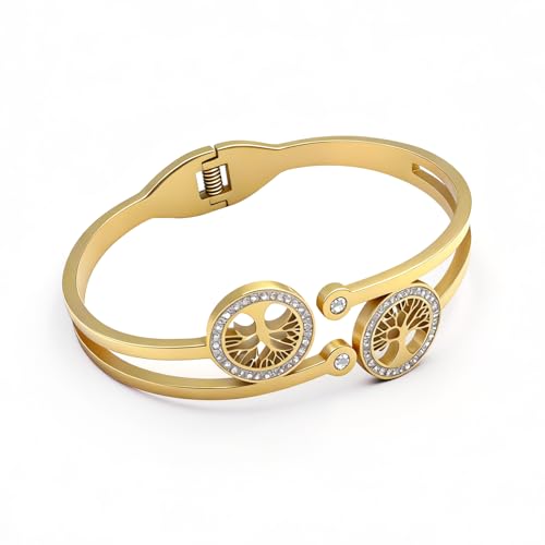 Gold Tree of Life Bangle Bracelet for Women, 18K Gold Plated Stainless Steel Double Layer Spring-Open Bangle, Meaningful Dainty Jewelry Gift - color: TREE GOLD