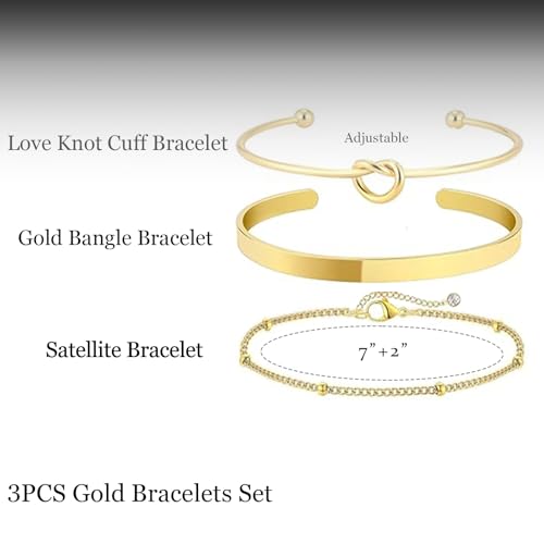 HERIER Gold Bracelets for Women 18k Gold Plated Bracelet Stack Bangle Cuff Bracelet Set for Women Non Tarnish Beaded/Paperclip/Cuban Link Chain Bracelets Jewelry for Women Trendy - style: Bangle Satellite3-Gold