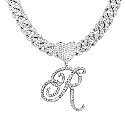 Initial Necklaces Silver Cuban Link Chain for Women Iced Out Chain with Heart Letter Pendants Custom Chain Name Necklace Hip Hop Jewelry Gift - color: R