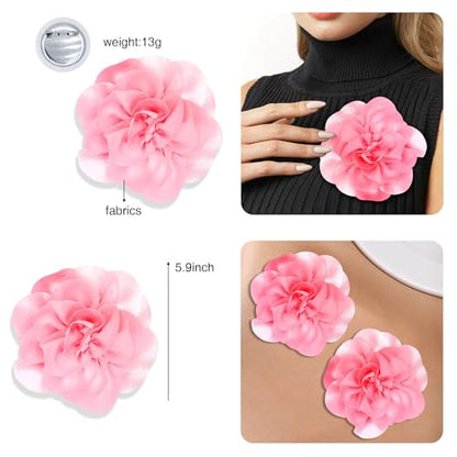 2Pack 6inch Extra Large Satin Brooches Lapel Pins Dainty Elegant Fabric Camellia Rose Flower Brooch Pin for Women Wedding Part Dance Clothes Accessories Jewelry - color: Pink