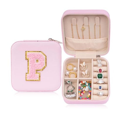 ETHOON Jewelry Travel Case Small Organizer Stocking Box Personalized Gifts Teenage Jewelry Accessories Holiday Wedding Christmas Gift for Women Pink, Letter P - color: Pink P
