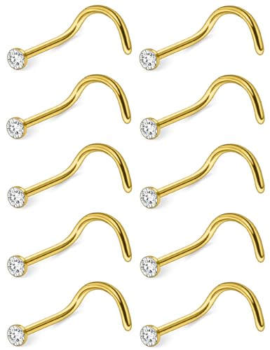 Hoeudjo Nose Studs Surgical Steel Cubic Zirconia Nose Rings Kit for Women Men Tiny Nose Stud Bone & Screw & L Shaped Nostril Piercing Jewelry 18/20/22/24 Gauge 10 Pieces - color: gold-tone,screw nose studs, size: 18g/2mm clear CZ