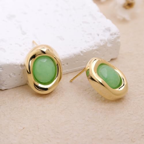 Jean Beau Chunky Gold Stone Stud Earrings for Women, Trendy Natural Gemstone Hypoallergenic Earing Valentine Jewelry Gift - color: Peridot Green