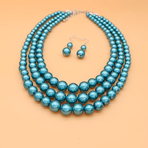 Chunky Layered Imitation Pearl Necklace for Women 3 strand Pearl Necklaces Faux Pearl Necklace Earrings Set 1920s Flapper Gatsby Costume Accessories - color: 3 strand pearl necklace dark blue