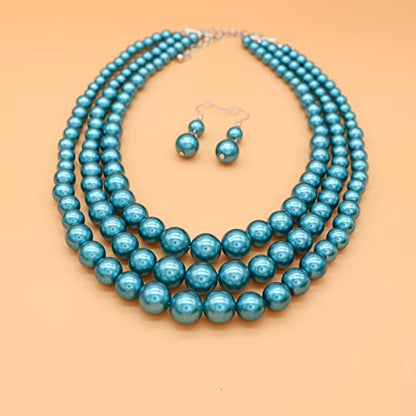 Chunky Layered Imitation Pearl Necklace for Women 3 strand Pearl Necklaces Faux Pearl Necklace Earrings Set 1920s Flapper Gatsby Costume Accessories - color: 3 strand pearl necklace dark blue