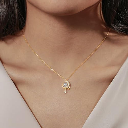 925 Sterling Silver Crescent Necklace Moon Star Pendant for Women | 14K Gold Plated Crystal Moon Necklace Dainty CZ Birthstone Ramadan Moonstone Necklace Birthday Jewelry for Mom Wife Daughter - color: Gold