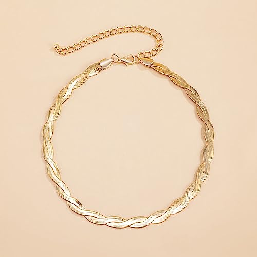 Gold Snake Chain Necklace Double Layer Twist Herringbone Choker Necklace Flat Herringbone Chain Necklace Layered Knot Snake Chain Collar Necklace Jewelry for Women Girls - color: Gold