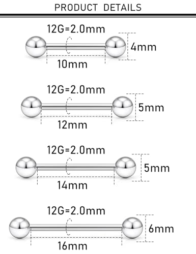 16G 14G 12G Nipple Piercings Tongue Rings Externally/Internally Threaded Hypoallergenic 316L Surgical Steel Nipple Tongue Barbell Piercing Jewelry for Women Men 12mm 14mm 16mm 19mm 22mm - color: 12G/Externally Threaded/10mm-16mm Bars/4mm 5mm 6mm Balls