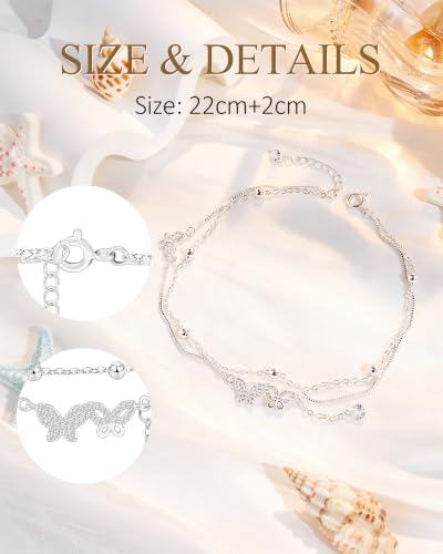 Silver Ankle Bracelets for Women, Butterfly/Stars Cute Charm Anklet, 14K Gold Plated Layered Chain Anklets for Women Teen Girls - style: Butterfly
