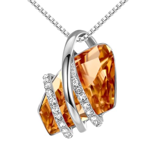 Leafael Wish Stone Pendant Necklace with Birthstone Crystal, 18K Rose Gold Plated/Silvertone, 18" + 2" - color: 211-November-Amber Brown-Silvertone