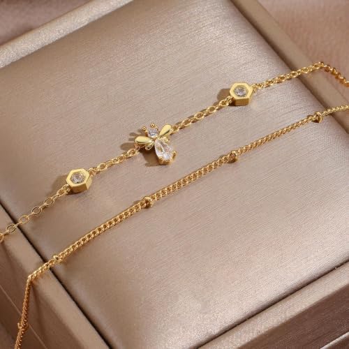 16K Gold Plated Bracelets Set for Women - Dainty Layered Adjustable Hand Chain Bracelet with Cubic Zirconia, Cute Jewelry Gift for Her, Waterproof Hypoallergenic - color: Bee