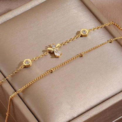 16K Gold Plated Bracelets Set for Women - Dainty Layered Adjustable Hand Chain Bracelet with Cubic Zirconia, Cute Jewelry Gift for Her, Waterproof Hypoallergenic - color: Bee