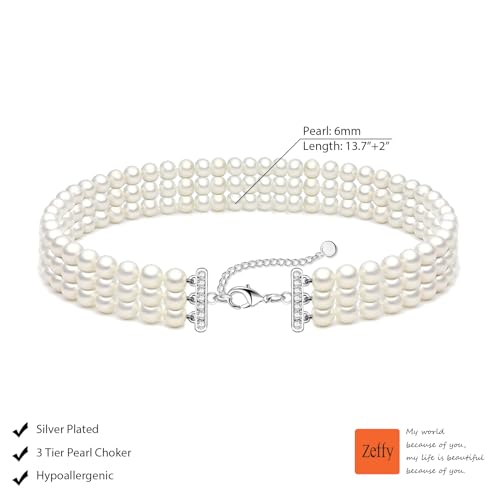 Zeffy Pearl Necklace 4MM/6MM/8MM Dainty Round Imitation Pearl Choker Necklace Wedding Pearl Necklace Delicate Jewelry for Women Simple Bridesmaid Jewelry Gifts - style: 6mm Three-layer Pearl Choker(13.7"+2)