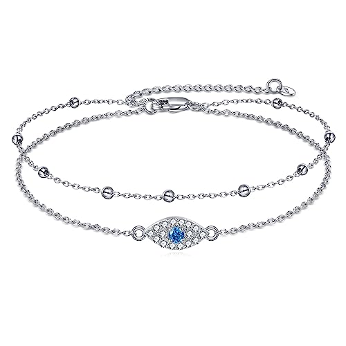 925 Sterling Silver Cat Butterfly Anklets Double Layered Chain for Birthday Women Ankle Bracelet Summer Beach Dainty Jewelry - style: E-Evil Eye Anklet A