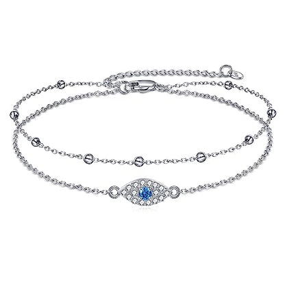 925 Sterling Silver Cat Butterfly Anklets Double Layered Chain for Birthday Women Ankle Bracelet Summer Beach Dainty Jewelry - style: E-Evil Eye Anklet A