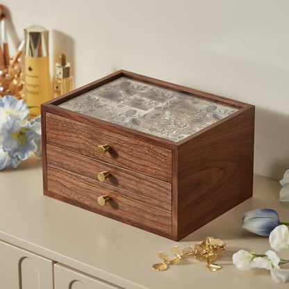 Black Walnut Wooden Women Jewelry Box with Glass Lid, 3 Layer | Blue Floral Glass Lid, Wood Drawer Jewelry Organizer for Women, For Necklaces, Watch, Ring, Earring Storage,Ideal Gift - style: 3 Layer B