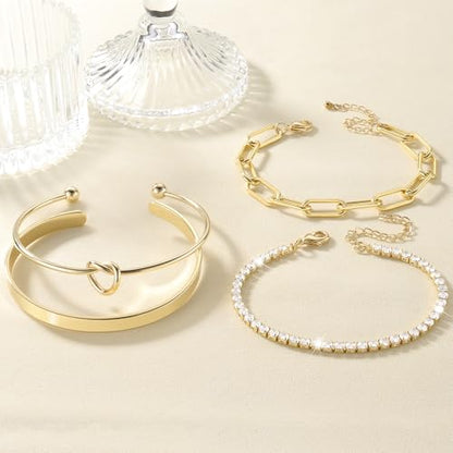Gold Bracelets Stack Jewelry for Women Non Tarnish Waterproof | 14K Gold Plated Bangle Cuff Bracelet Set Accessories - color: Gold, style: Style C