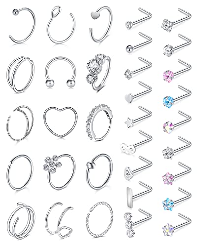 Incaton 20G Stainless Steel Nose Rings for Women Nose Rings Hoops L Shaped Nose Studs Screw Nose Piercing Jewelry for Women Men Silver Rose Gold Black Rainbow - color: Silver 33P